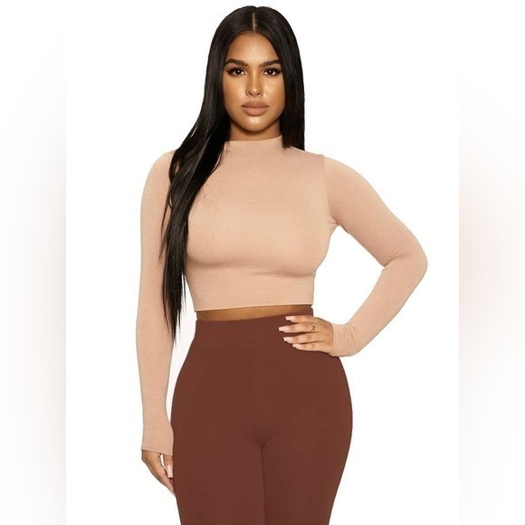 naked wardrobe Tops - NWOT NAKED WARDROBE the nw mock neck long sleeve crop top Tan